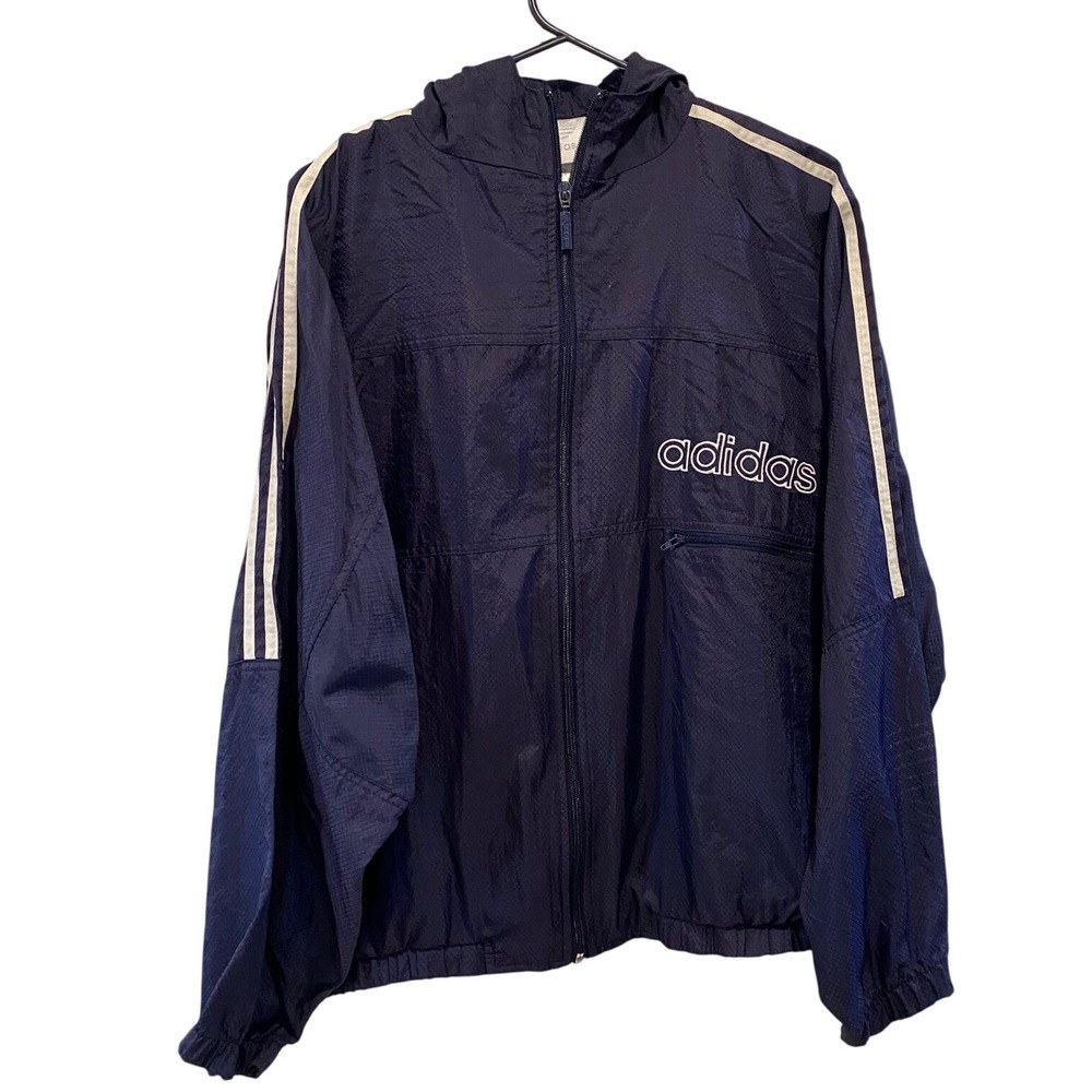 Vintage Adidas Mens Medium Navy Blue Ripstop Hooded Windbreaker Jacket 90s